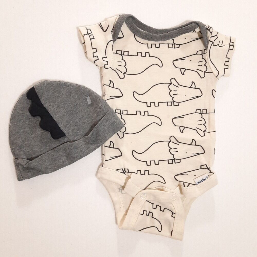 Gerber Newborn Infant One-Piece Organic Cotton Dinosaur Print and Novelty Cap